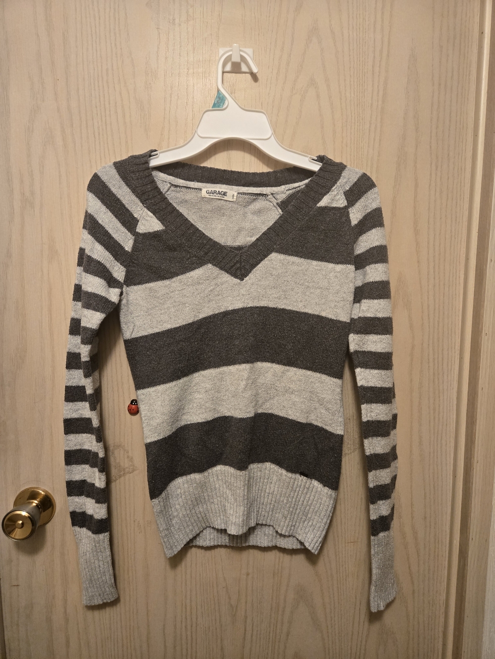 Garage Striped V-Neck Sweater in Dark Gray and Light Gray
